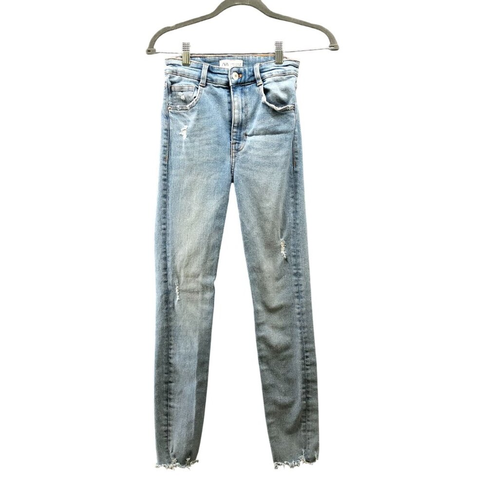 Zara High Rise Skinny‎ Jean Womens Size 2 Blue Light Wash Frayed Hem Stretch